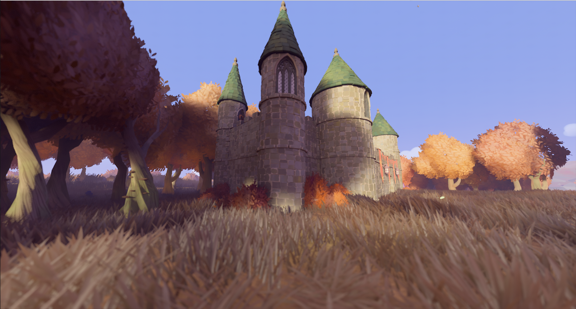 A small castle sits in the setting sun.